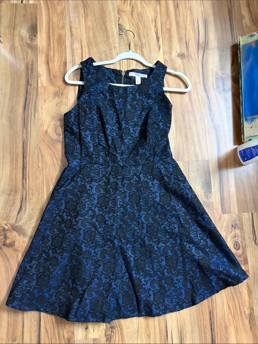 Sleeveless Blue and Black Fit-and-Flare Dress